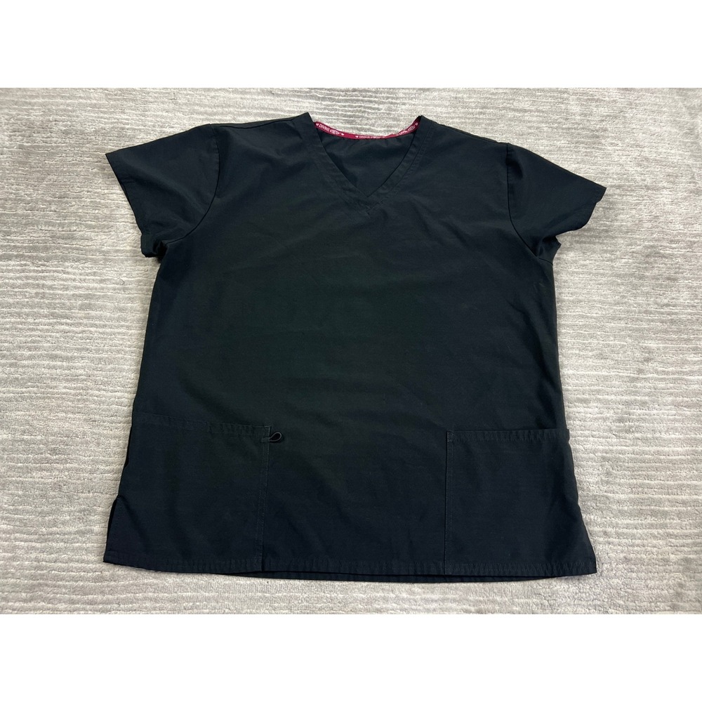 Divine Stretch Scrub Top Womens L Black V-Neck Short Sleeve 5221BK Two Pocket